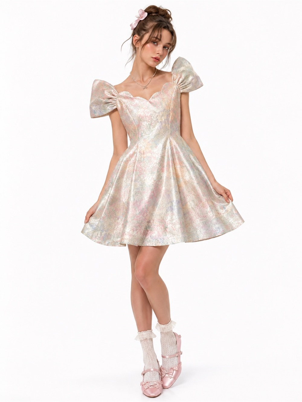 Vintage Iridescent Pink Puff-Sleeve Fit & Flare Dress